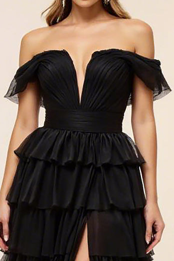 Chiffong Svart Nivåindelad Off The Shoulder Bal Klänning Med Slits
