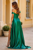 Off the Shoulder Satin A Line Mörkgrön Balklänning med slits