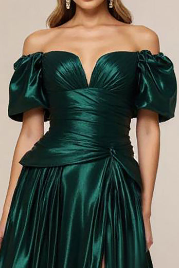 Off the Shoulder Mörkgrön En Linje Tiered Satin Prom Klänning