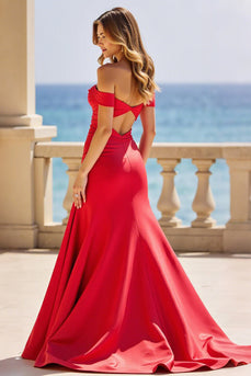 Off the Shoulder Röd Satin A Line Ihålig Balklänning med slits