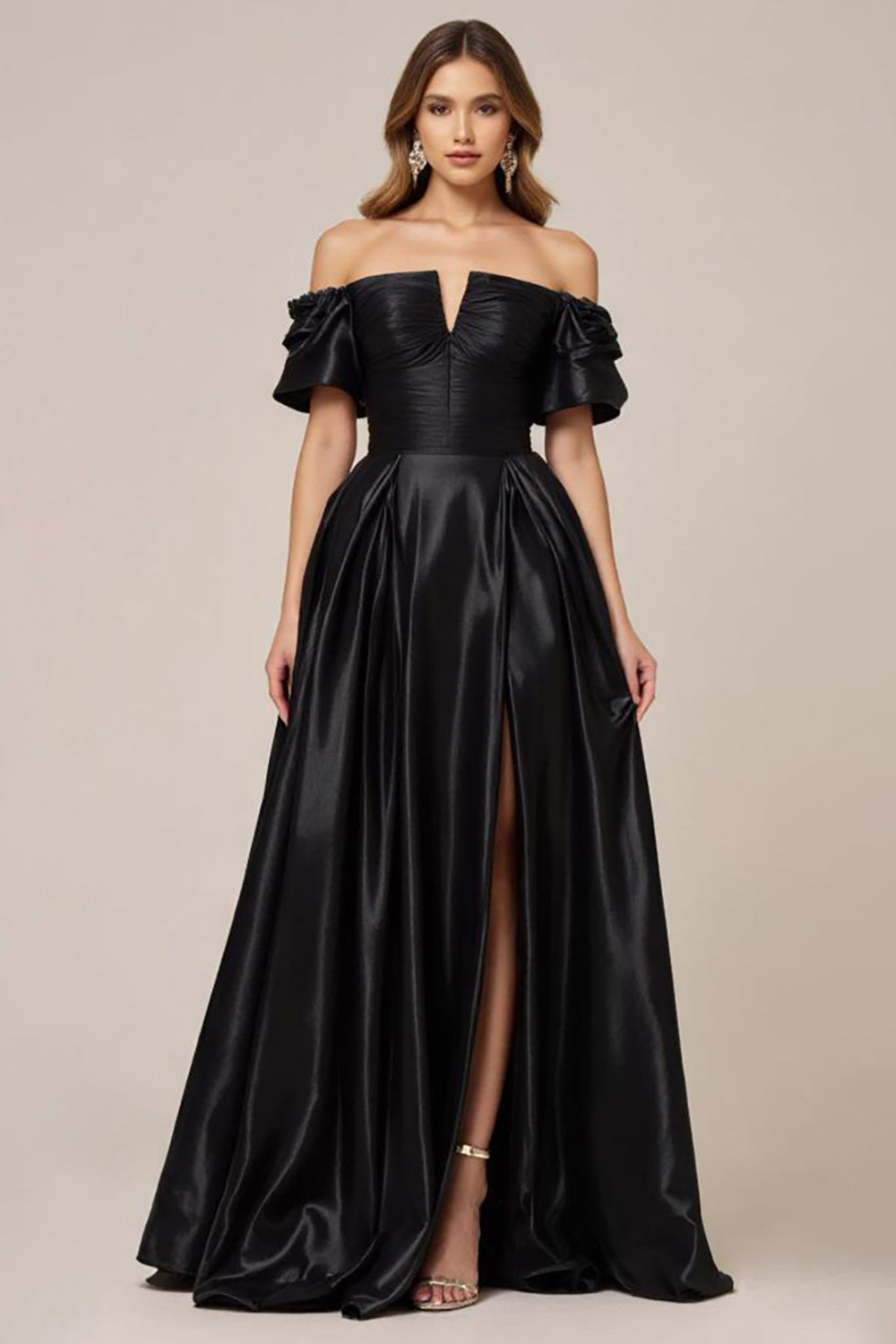 Svart Satäng Off The Shoulder A Line Prom Klänning med slits