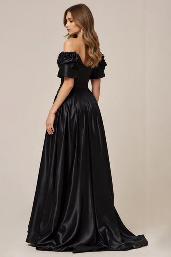 Svart Satäng Off The Shoulder A Line Prom Klänning med slits