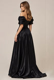 Svart Satäng Off The Shoulder A Line Prom Klänning med slits