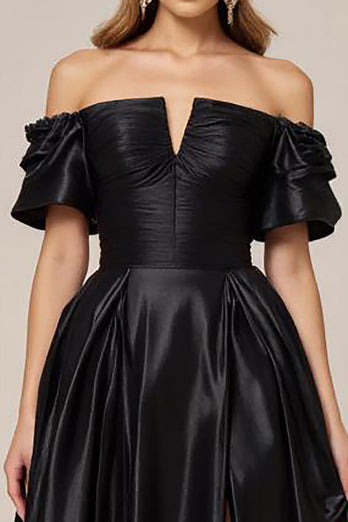 Svart Satäng Off The Shoulder A Line Prom Klänning med slits