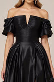 Svart Satäng Off The Shoulder A Line Prom Klänning med slits