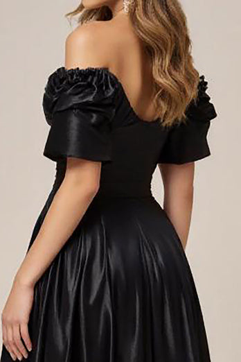 Svart Satäng Off The Shoulder A Line Prom Klänning med slits