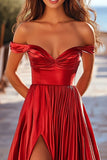 Off The Shoulder A Line Plisserad Röd Satin Prom Klänning Med Slits