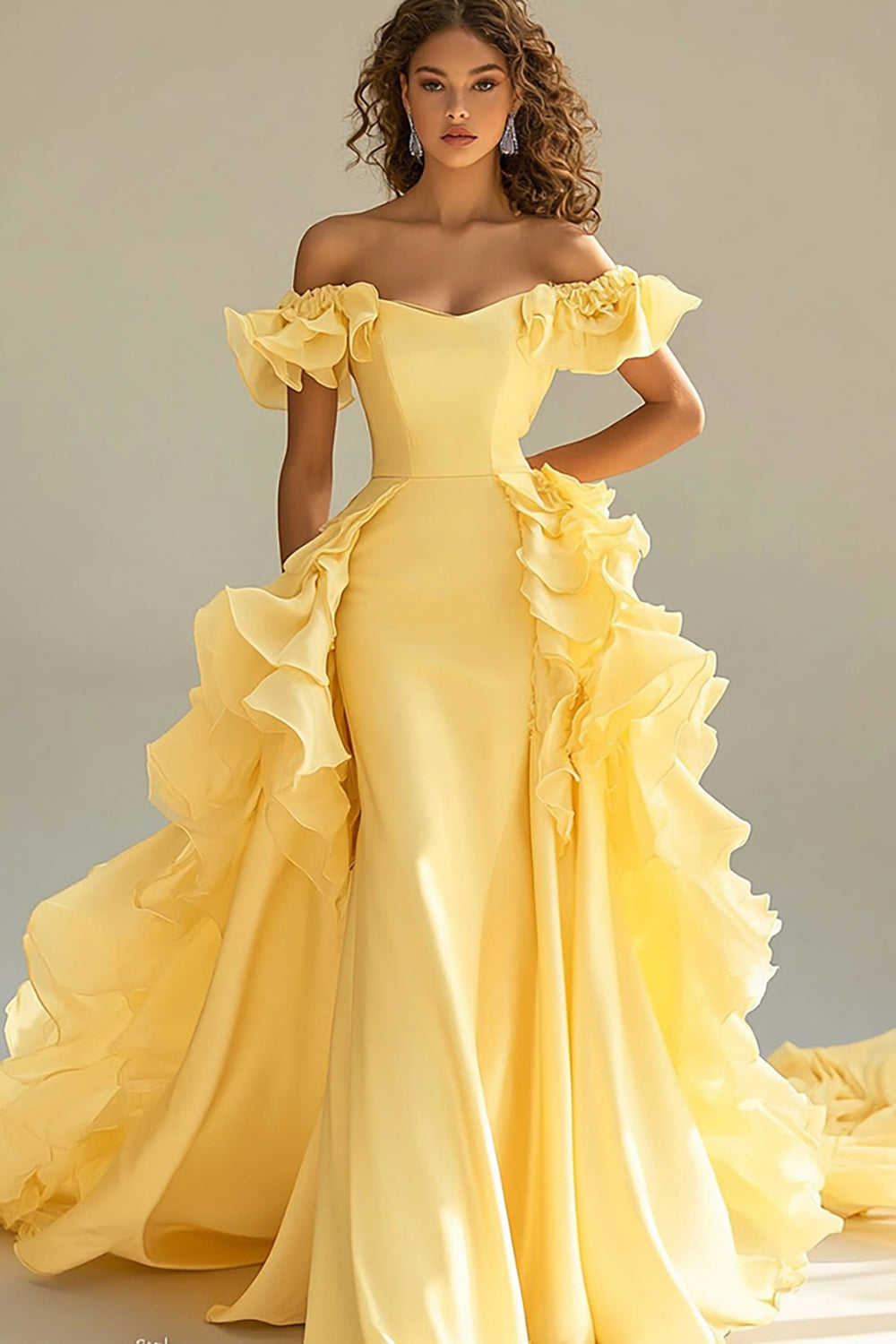 Gul Off The Shoulder Sjöjungfru Ruffles Satin Prom Klänning