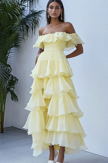 Off the Shoulder Daffodil formell klänning med volanger