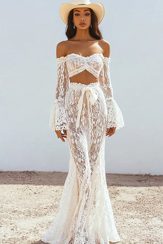 Boho Off The Shoulder Vit Spets Sjöjungfru Bröllopsklänning