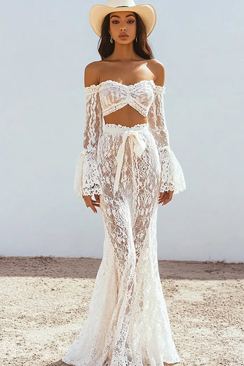 Boho Off The Shoulder Vit Spets Sjöjungfru Bröllopsklänning
