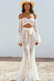 Boho Off The Shoulder Vit Spets Sjöjungfru Bröllopsklänning