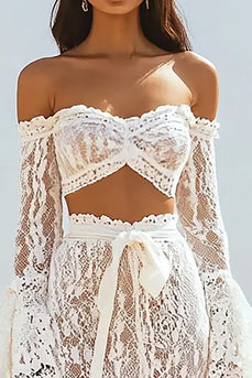 Boho Off The Shoulder Vit Spets Sjöjungfru Bröllopsklänning