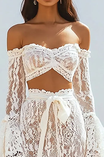 Boho Off The Shoulder Vit Spets Sjöjungfru Bröllopsklänning