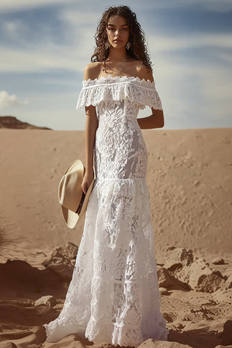 Off the Shoulder Spets Vit Slida Boho Graduation Klänning