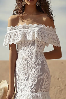 Off the Shoulder Spets Vit Slida Boho Graduation Klänning