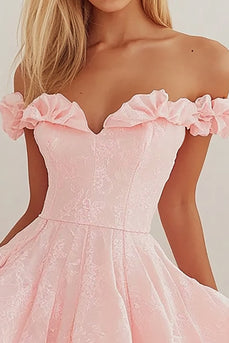 Off the Shoulder Rosa Kort Examensklänning Med Volanger