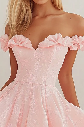 Off the Shoulder Rosa Kort Examensklänning Med Volanger