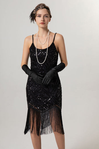 Svart Gyllene Slida Paljett 1920-talet Flapper Klänning med tofsar