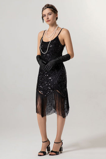 Svart Gyllene Slida Paljett 1920-talet Flapper Klänning med tofsar