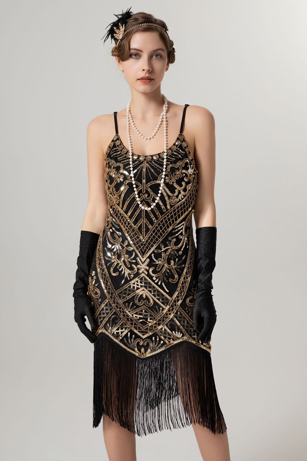 Svart Gyllene Slida Paljett 1920-talet Flapper Klänning med tofsar