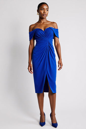 Off The Shoulder Royal Blue Rynkad Bodycon Midi Arbetsklänning Med Slits