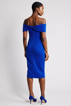 Off The Shoulder Royal Blue Rynkad Bodycon Midi Arbetsklänning Med Slits