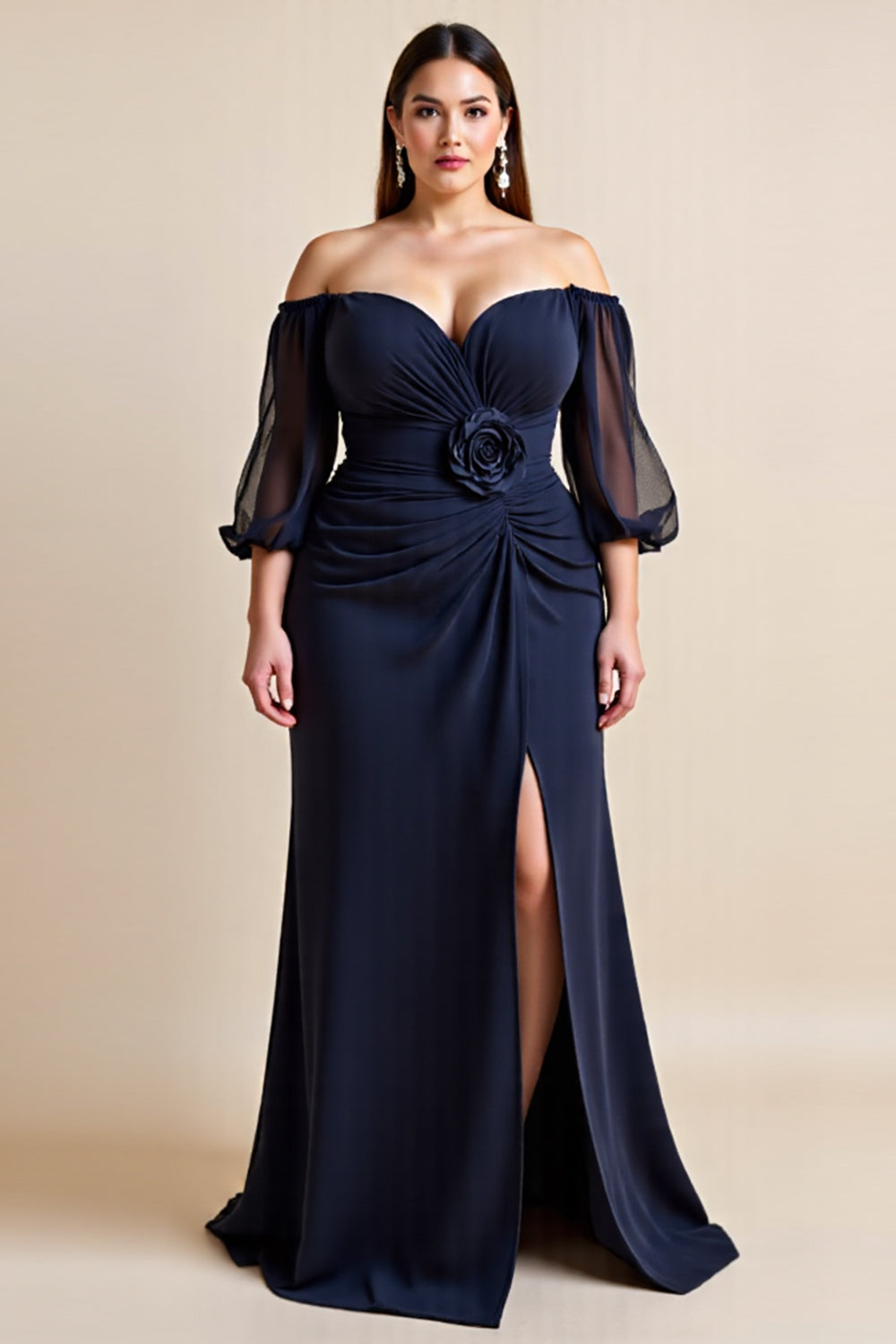 Off The Shoulder Navy Ruched Plus Size Klänning för Brudens Mor Med Slits