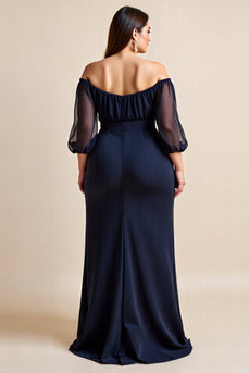 Off The Shoulder Navy Ruched Plus Size Klänning för Brudens Mor Med Slits