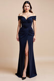 Off The Shoulder Navy Slida Klänning för Brudens Mor Med Slits