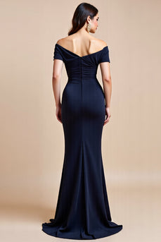 Off The Shoulder Navy Slida Klänning för Brudens Mor Med Slits