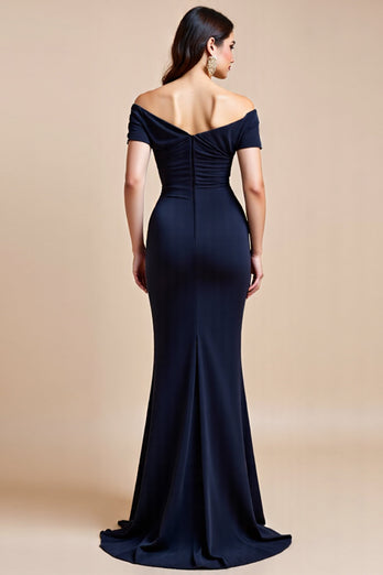 Off The Shoulder Navy Slida Klänning för Brudens Mor Med Slits