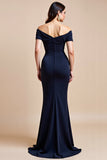 Off The Shoulder Navy Slida Klänning för Brudens Mor Med Slits