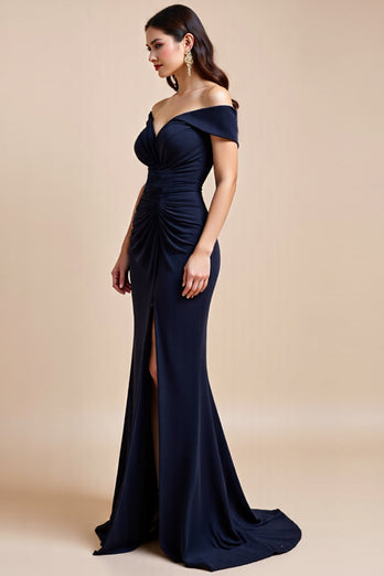 Off The Shoulder Navy Slida Klänning för Brudens Mor Med Slits