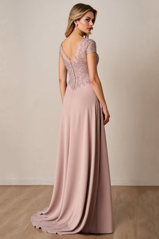 Dusty Rose A Line Satin Lång Klänning för Brudens Mor med Spets