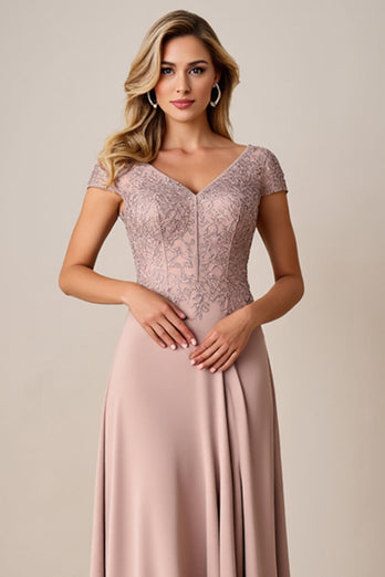 Dusty Rose A Line Satin Lång Klänning för Brudens Mor med Spets