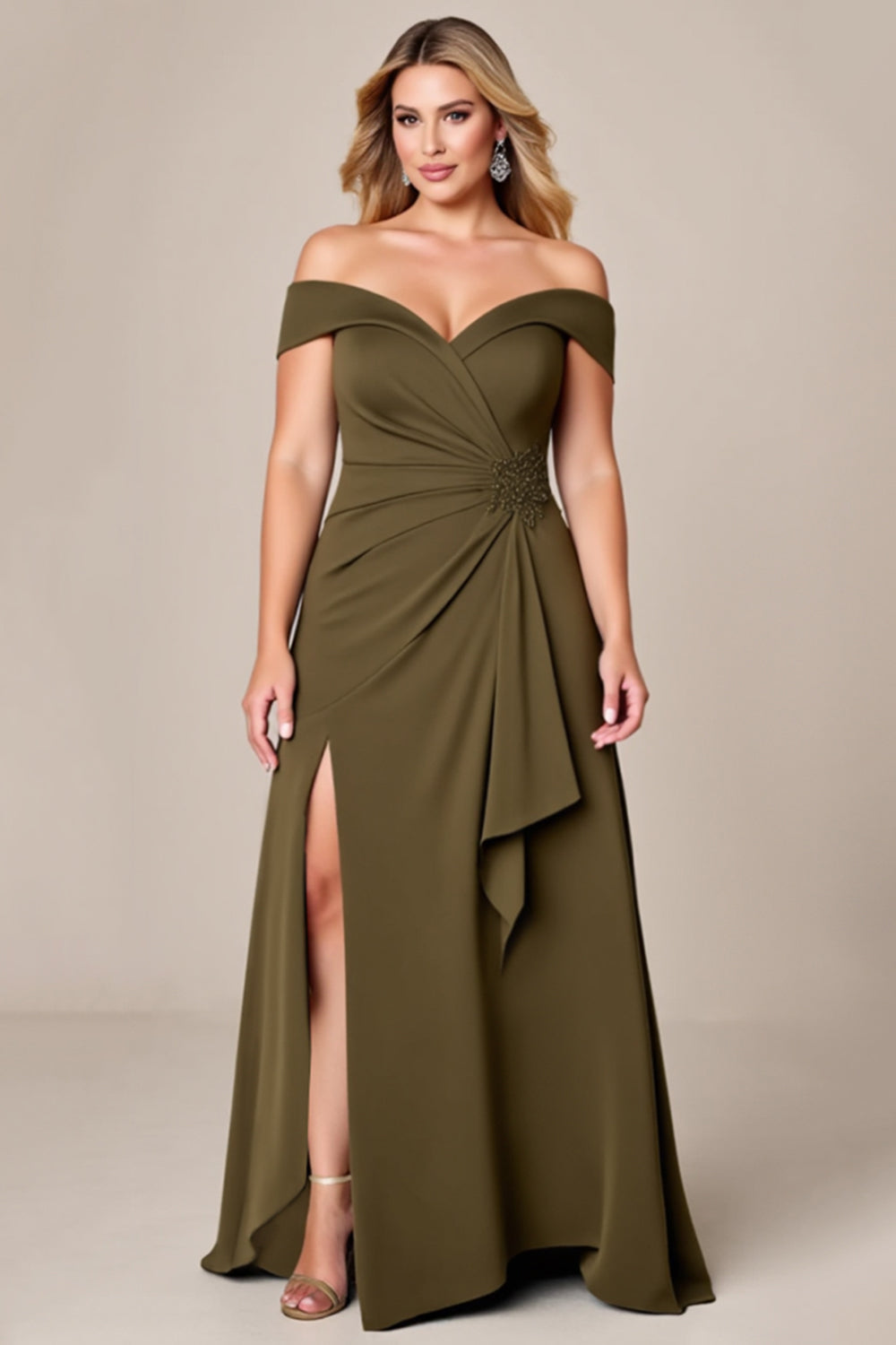 Off The Shoulder Oliv Lång Plus Size Klänning För Brudens Mor Med Slits