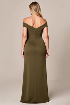 Off The Shoulder Oliv Lång Plus Size Klänning För Brudens Mor Med Slits