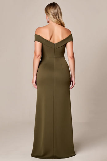 Off The Shoulder Oliv Lång Plus Size Klänning För Brudens Mor Med Slits