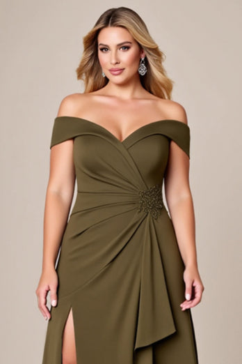 Off The Shoulder Oliv Lång Plus Size Klänning För Brudens Mor Med Slits
