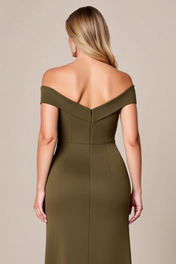 Off The Shoulder Oliv Lång Plus Size Klänning För Brudens Mor Med Slits