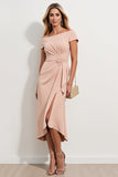 Off the Shoulder Slida Aprikos Rynkad Midi Klänning för Brudens Mor med Slits