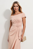 Off the Shoulder Slida Aprikos Rynkad Midi Klänning för Brudens Mor med Slits