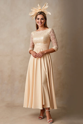 Chiffong A Line Applique Champagne Klänning till brudens mor med 3/4 ärmar