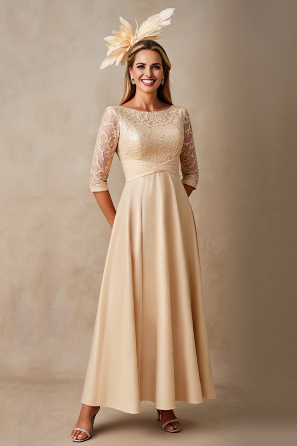 Chiffong A Line Applique Champagne Klänning till brudens mor med 3/4 ärmar