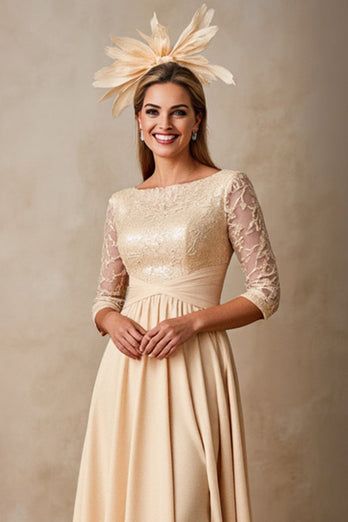 Chiffong A Line Applique Champagne Klänning till brudens mor med 3/4 ärmar