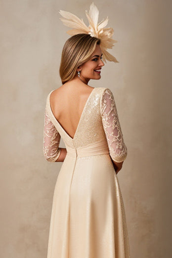 Chiffong A Line Applique Champagne Klänning till brudens mor med 3/4 ärmar