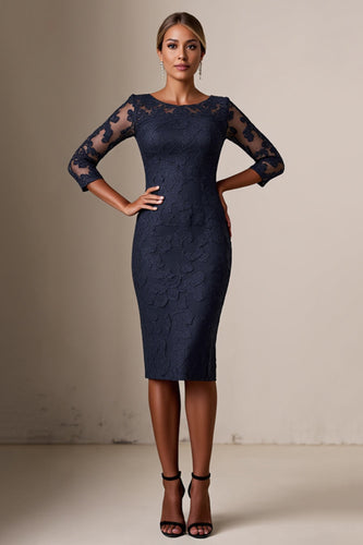 Bodycon 3/4-ärm Midi Marinblå Klänning för Brudens Mor med Spetsapplikationer