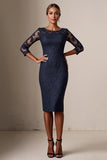 Bodycon 3/4-ärm Midi Marinblå Klänning för Brudens Mor med Spetsapplikationer
