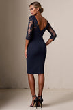 Bodycon 3/4-ärm Midi Marinblå Klänning för Brudens Mor med Spetsapplikationer